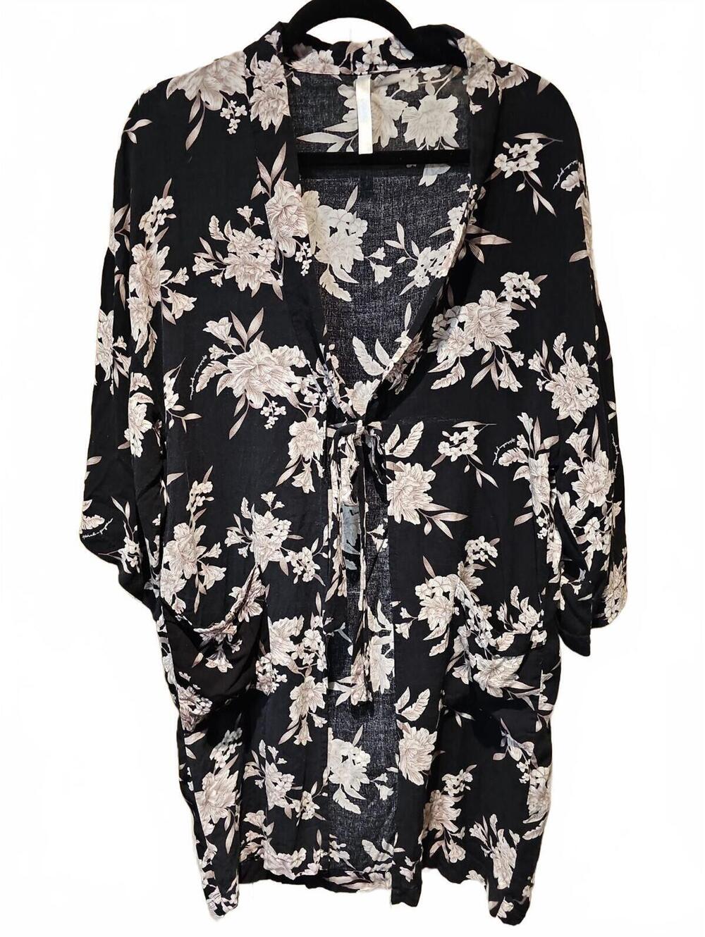 Spiritual Gangster Kimono Robe Black Floral MAYA Cardigan Tie Front w Pockets